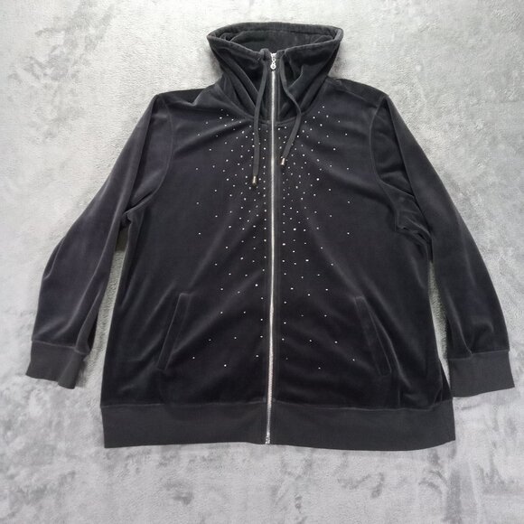 CJ Banks Velour Jacket Women Plus 1X Full Zip Black Embellished Lightweight - Picture 1 of 10
